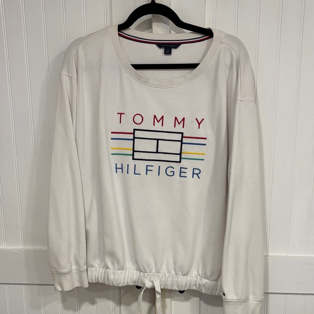 Tommy Hilfiger white, long sleeve Pullover W/logo & drawstring waist size L